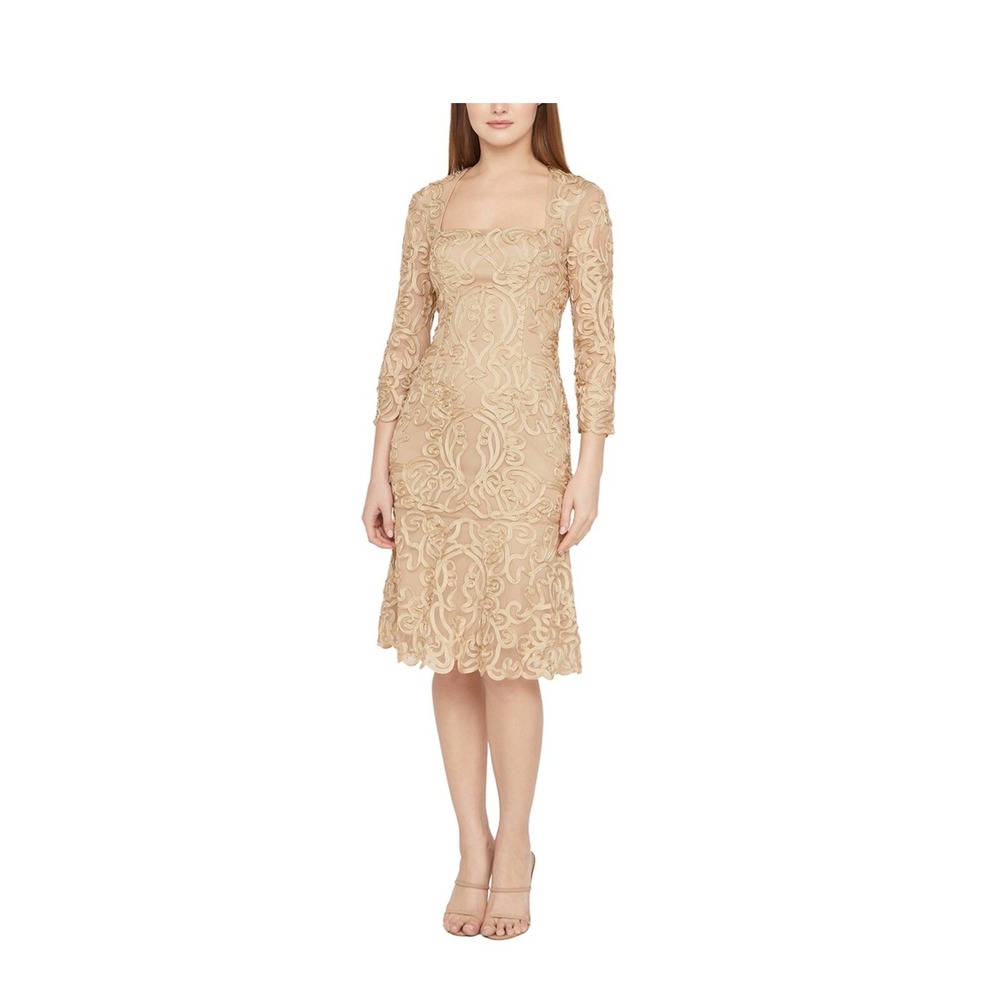 Alex Evenings Womens Beige Soutache Mesh Square Neck Midi Sheath Dress